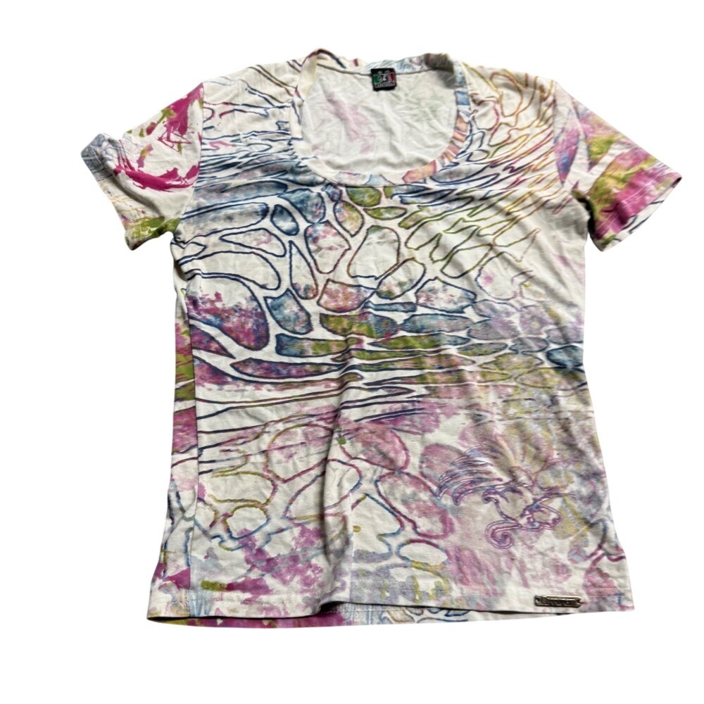 VTG‎ Cappopera Abstract Butterfly Pink Blue Print Short Sleeve White Top S/S Y2k